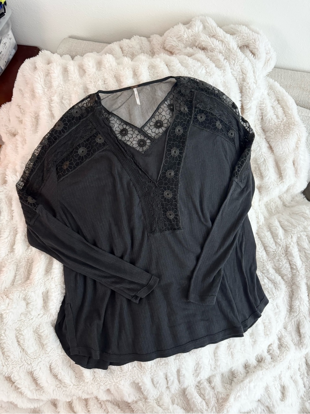 Free People V-Neck Long Sleeve with Crochet Lace Insets